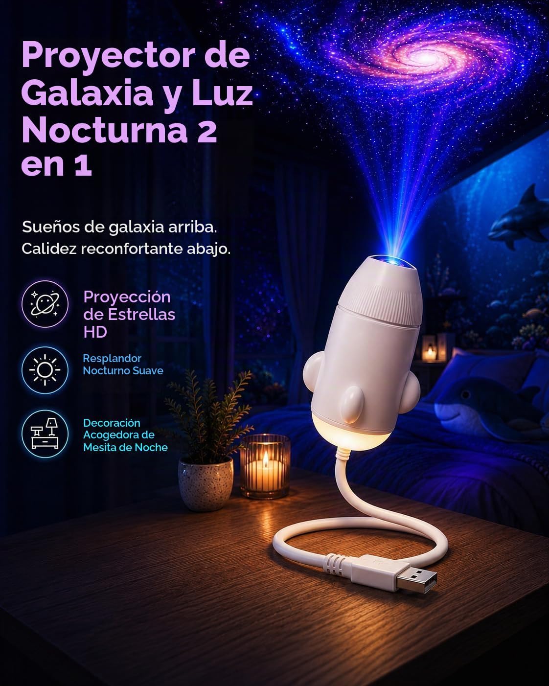 Proyector de Estrellas,Galaxia y océano LED, con Luz de Noche cálida.